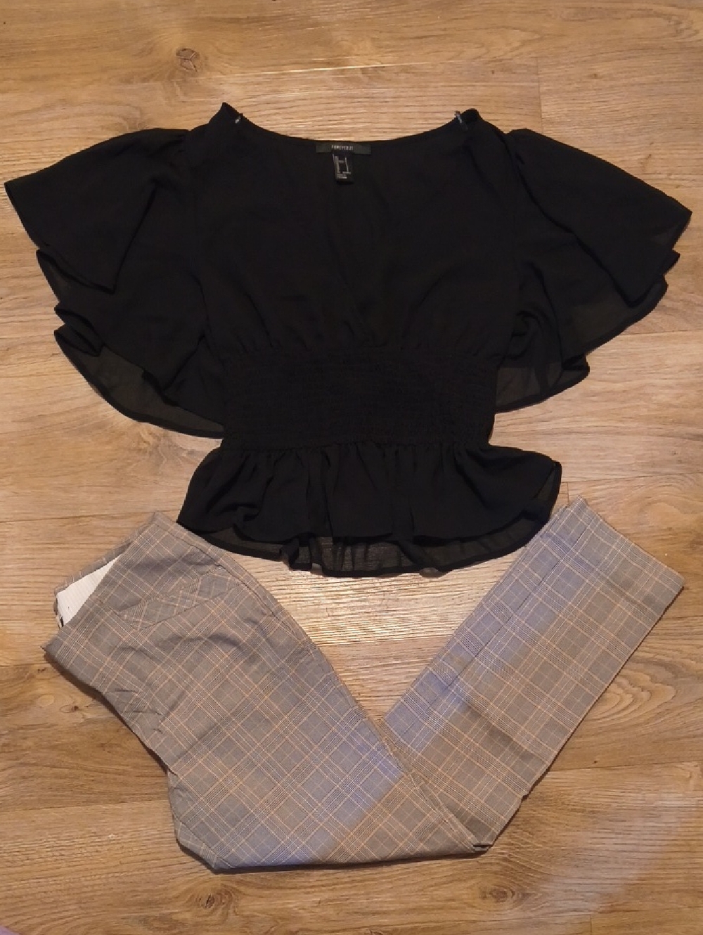 Black Smocked Waist Flutter Sleeve Top And Plaid Dress Pant